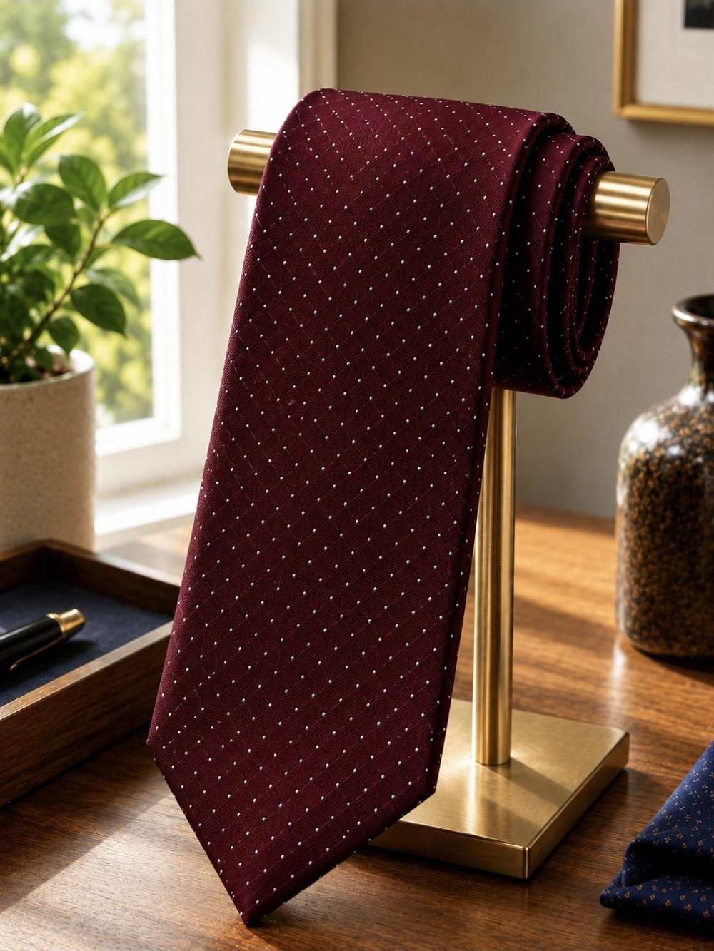 J Crew Men's Burgundy Blue  Microdot Silk Tie - Classic Formal Accessory